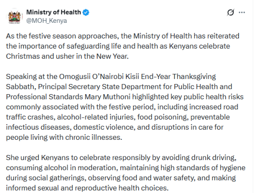 X post by the Ministry of Health. PHOTO/Screengrab by People Daily Digital