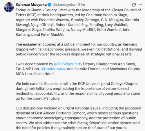 X post by Kalonzo Musyoka. PHOTO/Screengrab by People Daily Digital
