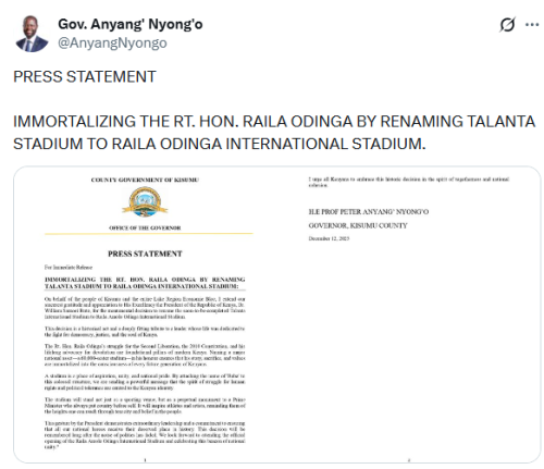 X post by Peter Anyang’ Nyong’o. PHOTO/Screengrab by People Daily Digital