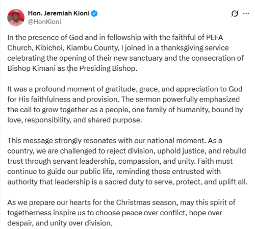 X post by Jeremiah Kioni. PHOTO/Screengrab by People Daily Digital