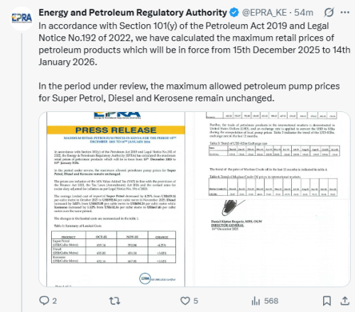 X post by Energy and Petroleum Regulatory Authority. PHOTO/Screengrab by People Daily Digital