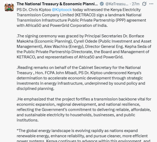 X post by Treasury. PHOTO/Screengrab by People Daily Digital/@KeTreasury