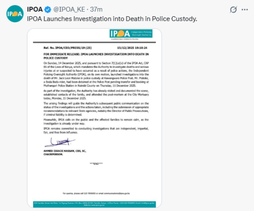X post by IPOA. PHOTO/Screengrab by People Daily Digital