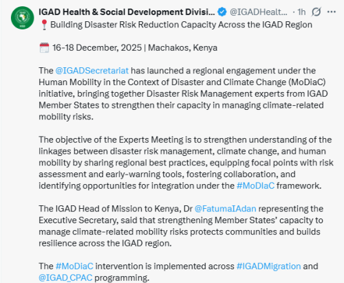X post by IGAD Health & Social Development Division. PHOTO/Screengrab by People Daily Digital