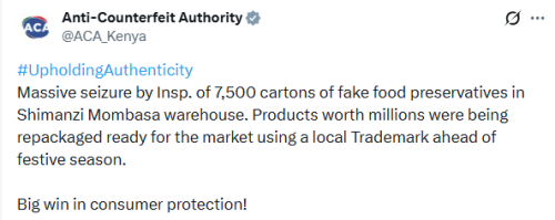 X post by Anti-Counterfeit Authority. PHOTO/Screengrab by People Daily Digital