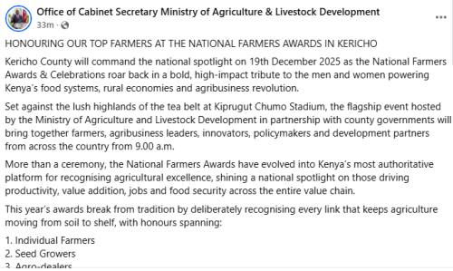Facebook post by the Cabinet Secretary, Ministry of Agriculture & Livestock Development. PHOTO/Screengrab by People Daily Digital