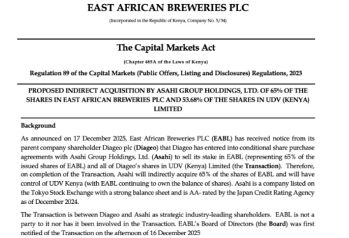 Part of the notice by EABL. PHOTO/Screengrab by People Daily Digital