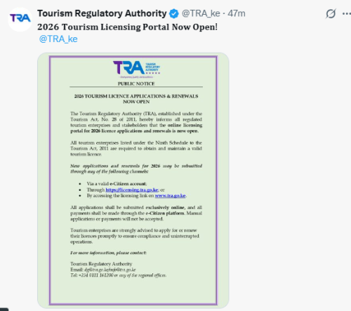 X post by the Tourism Regulatory Authority. PHOTO/Screeengrab by People Daily Digital
