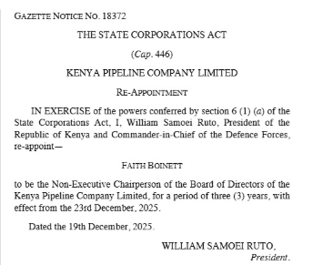 Part of the Gazette notice dated December 19, 2025. PHOTO: Screengrab/People Daily Digital