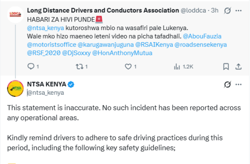 X post and NTSA’s response. PHOTO/Screengrab by People Daily Digital