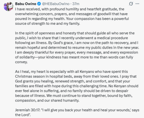X post by Babu Owino. PHOTO/Screengrab by People Daily Digital