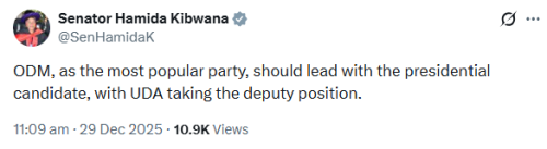 X post by Senator Hamida Kibwana. PHOTO/Screengrab by People Daily Digital