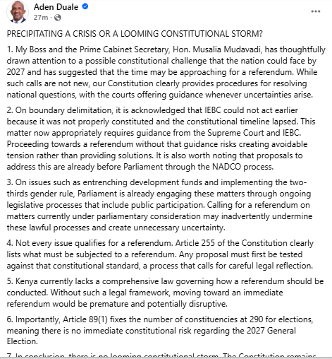 Facebook post by Aden Duale. PHOTO/Screengrab by People Daily Digital