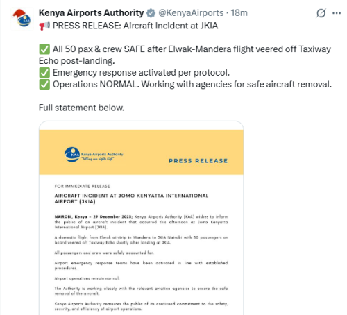 X post by Kenya Airports Authority. PHOTO/Screengrab by People Daily Digital