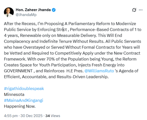 X post by Zaheer Jhanda. PHOTO/Screengrab by People Daily Digital