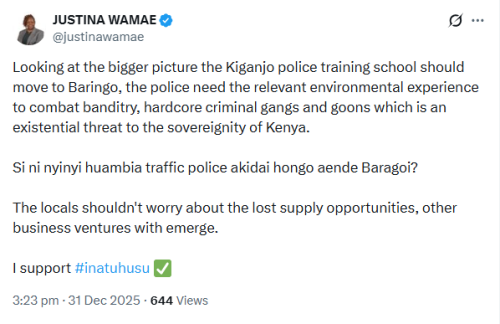 X post by Justina Wamae. PHOTO/Screengrab by People Daily Digital
