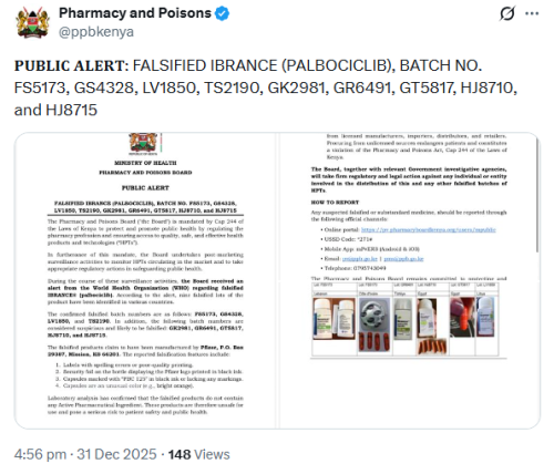 X post by the The Pharmacy and Poisons Board. PHOTO/Screengrab by People Daily Digital
