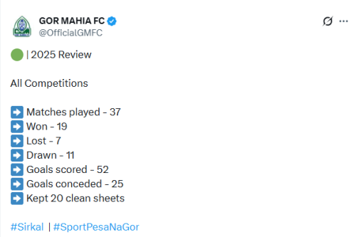 X post by Gor Mahia. PHOTO/Screengrab by People Daily Digital