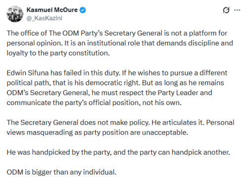 X post by Kasmuel McOure. PHOTO/Screengrab by People Daily Digital