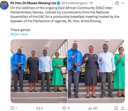 Statement of Moses Wetang'ula on the importance of EAC Inter-Parliamentary Games on Monday, December 8, 2025. PHOTO/Screengrab by People Daily Digital/@HonWetangula/X