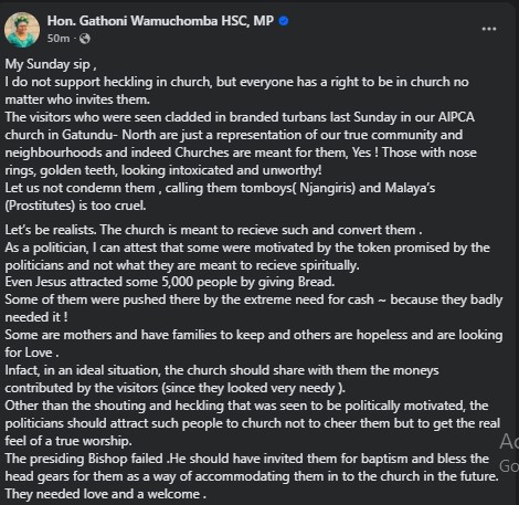Part of the statement shared by Gathoni Wamuchomba on Saturday, December 20, 2025. PHOTO/https://www.facebook.com/HonGathoniWamuchombaHSCMP