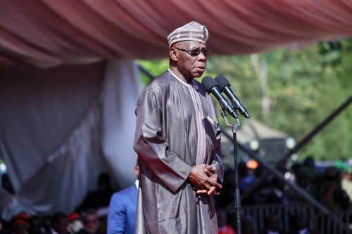 Former Nigerian President Olusegun Obasanjo speaks during Raila's burial. PHOTO/https://railaodinga.go.ke