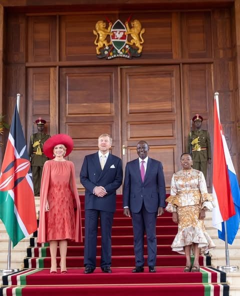 President William Ruto poses for a photo with Queen Maxima, and King Willem-Alexander of the Netherlands at State House Nairobi during their state visit to Kenya on Tuesday, March 18, 2025. PHOTO/https://www.facebook.com/williamsamoei
