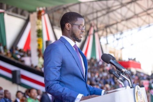 Senegalese President Bassirou Diomaye Faye, addressing congregation in  Ithookwe stadium Kitui.PHOTO/https://www.facebook.com/share/1FxuC9HJZw/