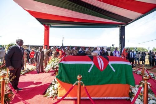 President William Ruto giving his last respect to the late ODM leader Raila Odinga during his burial ceremony in Siaya County.PHOTO/@WilliamsRuto/X