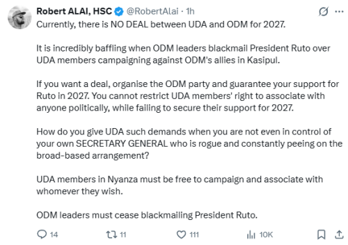 Statement of Robert Alai on the UDA-ODM political alignments ahead of 2027. PHOTO/Screengrab by People Daily Digital/@RobertAlai/X