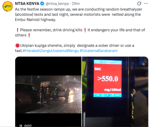NTSA's statement on the return of alcoblow on Kenyan roads to curb drink driving in festive season. PHOTO/Screengrab by People Daily Digital/@ntsa_kenya/X