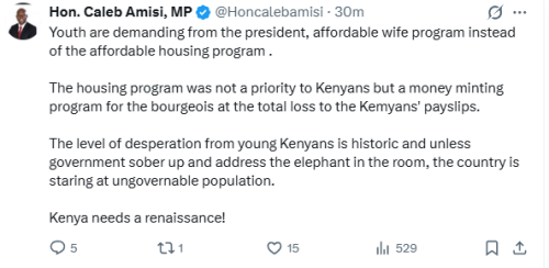 Statement of Caleb Amisi on the youth and the affordable housing program on Tuesday, December 2, 2025. PHOTO/Screengrab by People Daily Digital/@Honcalebamisi/X