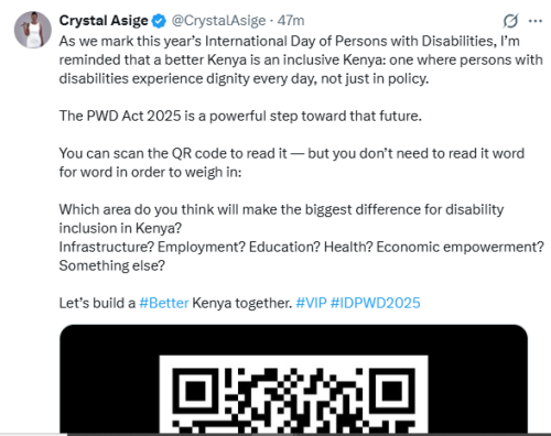 Senator Crystal Asige's message on the International Day of Persons With Disabilities. PHOTO/Screengrab by People Daily Digital/@CrystalAsige/X