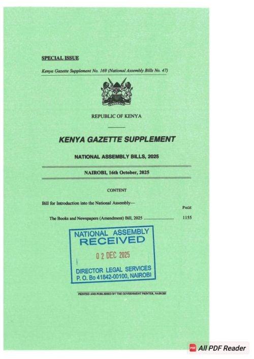 The Books and Newspapers (Amendment) Bill, 2025, introduced by the Parliamentary Broadcasting and Library Committee. PHOTO/The Parliament of Kenya