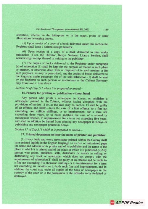 The Books and Newspapers (Amendment) Bill, 2025, introduced by the Parliamentary Broadcasting and Library Committee. PHOTO/The Parliament of Kenya