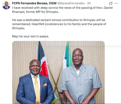 Statement of Fernandes Barasa on the death of former Shinyalu MP Daniel Khamasi. PHOTO/Screengrab by People Daily Digital/@BarasaFernandes/X