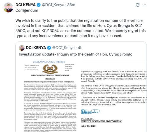 Car registration clarification by DCI in unearthing circumstances behind Cyrus Jirongo's death. PHOTO/Screengrab by People Daily Digital/@DCI_Kenya/X