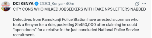 Statement of DCI after nabbing person of interest in NPS jobs con game on Friday, December 12, 2025. PHOTO/@DCI_Kenya/X