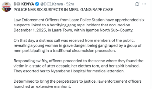 Statement of the DCI on the rape incident in Meru. PHOTO/Screengrab by People Daily Digital/@DCI_Kenya/X