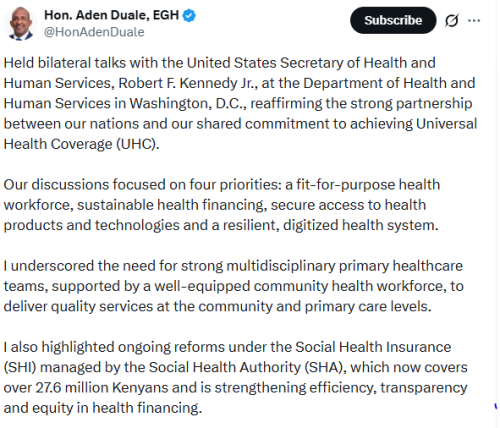 Statement of Aden Duale on the health partnership between Kenya and the USA. PHOTO/Screengrab by People Daily Digital/@HonAdenDuale/X