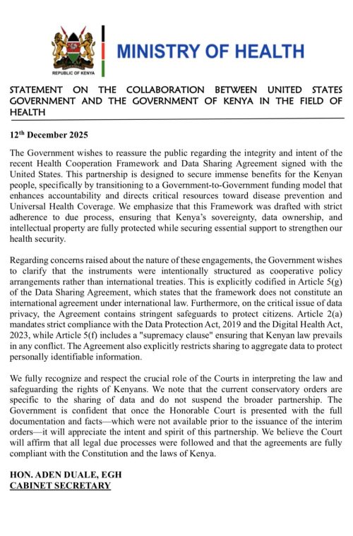 Statement of Aden Duale on Kenya-US health deal on Friday, December 12, 2025. PHOTO/@HonAdenDuale/X