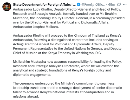 Statement of State Department for Foreign Affairs on redeployment of Lucy Kiruthu. PHOTO/Screengrab by People Daily Digital/@ForeignOfficeKE/X