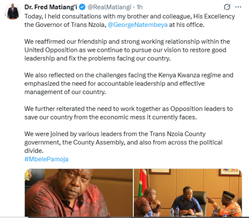 Statement of Fred Matiang'i after meeting Governor George Natembeya on Wednesday, December 17, 2025. PHOTO/Screengrab by People Daily Digital/@RealMatiangi/X