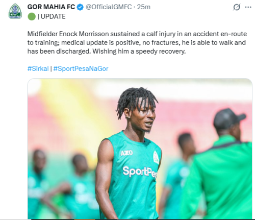 Statement of Gor Mahia on Enock Morrison's accident incident on Tuesday, December 2, 2025. PHOTO/Screengrab by People Daily Digital/@OfficialGMFC/X