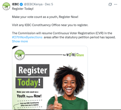 Voter registration public notice by the IEBC. PHOTO/@IEBCKenya/X