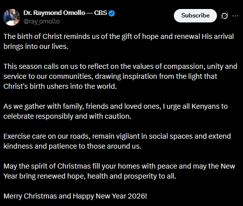 The statement shared by PS Omollo on Thursday, December 25, 2025. PHOTO/Screengrab by People Daily Digital from @ray_omollo/X