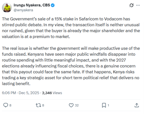 Irungu Nyakera's statement on government's sale of Safaricom's stake on Friday, December 5, 2025. PHOTO/Screengrab by People Daily Digital/@wnyakera/X