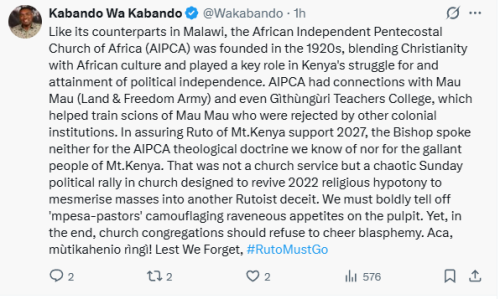 Kabando Wa Kabando's rebuke of the Gatundu North African Independent Pentecostal Church of Africa (AIPCA) Reverend Bishop Simon Karatu. PHOTO/Screengrab by People Daily Digital/@Wakabando/X