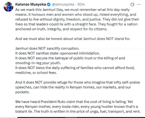 Kalonzo Musyoka's statement on the meaning of Jamhuri Day celebrations. PHOTO/Screengrab by People Daily Digital/@skmusyoka/X