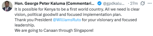 Statement of MP Peter Kaluma backing President William Ruto's Singapore dream. PHOTO/Screengrab by People Daily Digital/@gpdkaluma/X